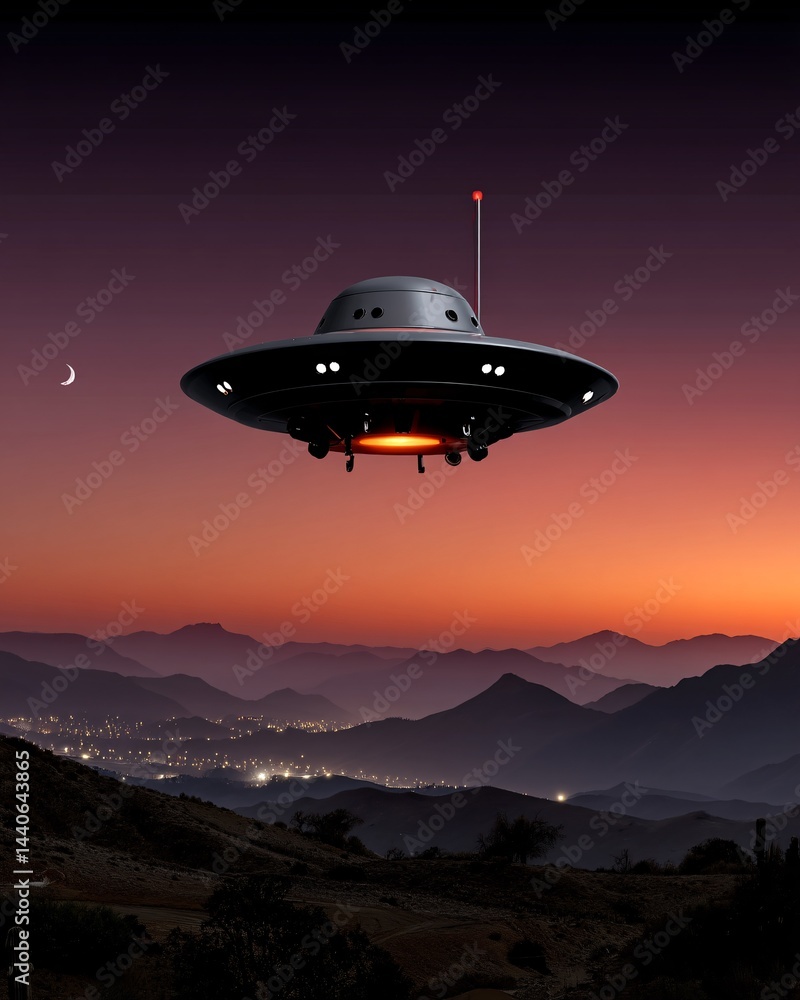 Fototapeta premium Futuristic UFO Flying Over Mountain Landscape at Twilight with Scenic Sunset and Stars