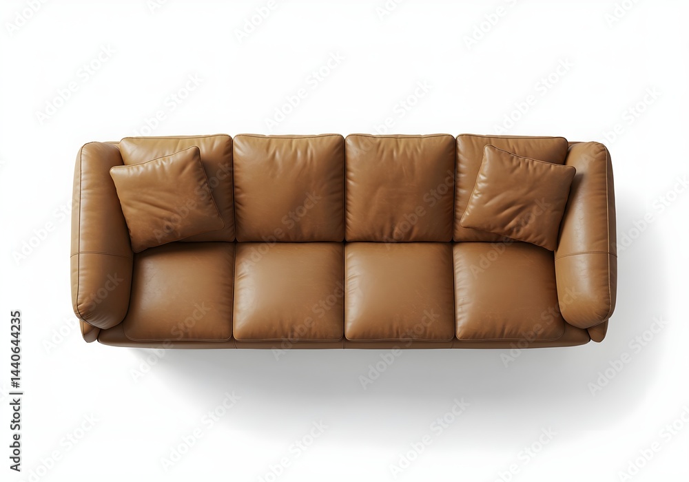 Top view of a brown leather sofa with pillows. The sofa is in a minimalist setting, perfect for adding a touch of elegance to any living room.