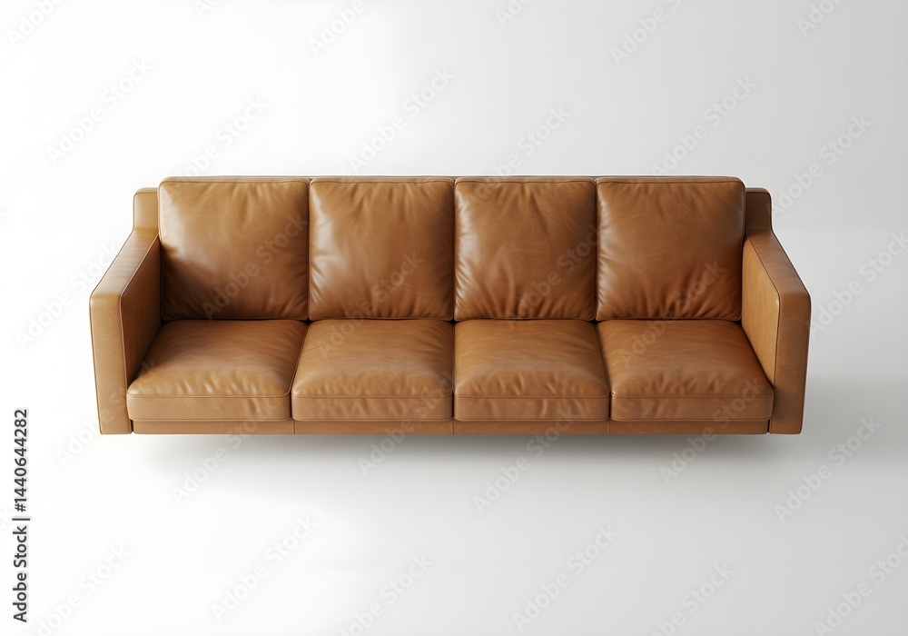 Modern brown leather sofa against a minimalist white background. Perfect for adding a touch of elegance to any living space.