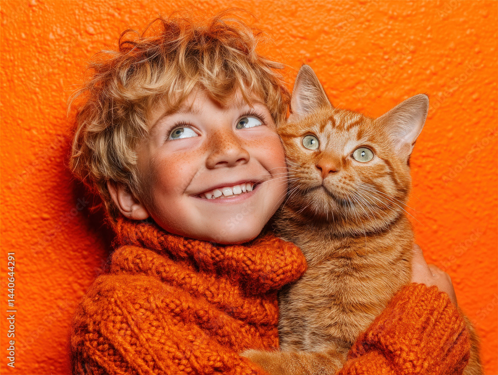 Adorable Kid & Cat, Cozy Hues.