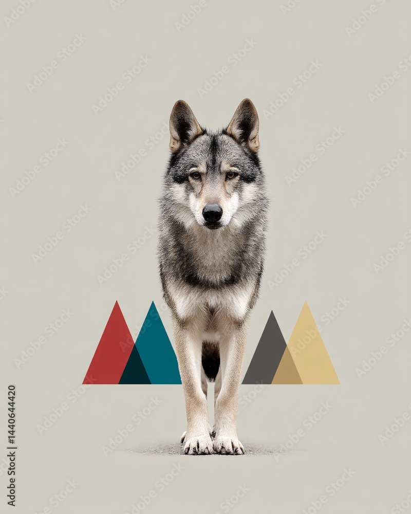 Fierce Gray Wolf Staring Forward with Colorful Geometric Shapes in the Background