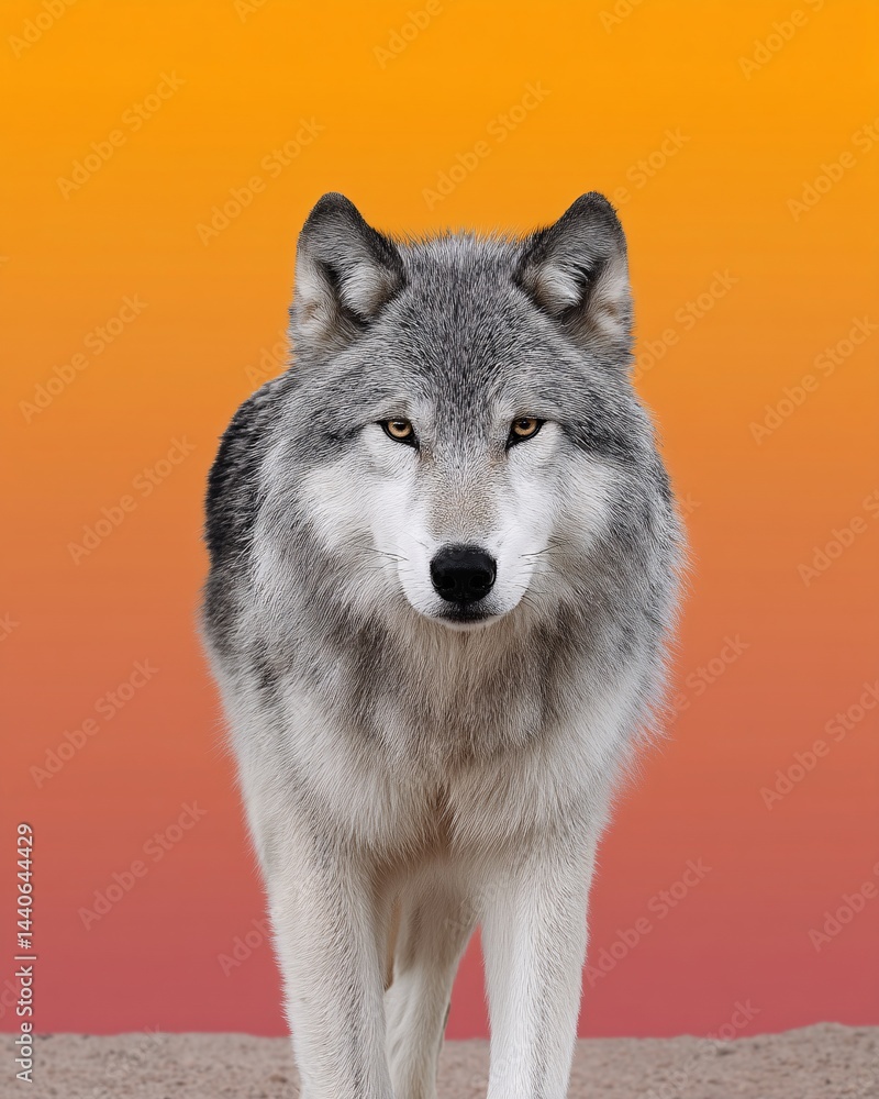 Majestic Wolf Staring Intently Against a Vibrant Orange and Purple Gradient Background