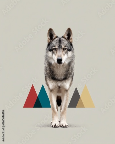 Obraz na płótnie Fierce Gray Wolf Staring Forward with Colorful Geometric Shapes in the Background w salonie