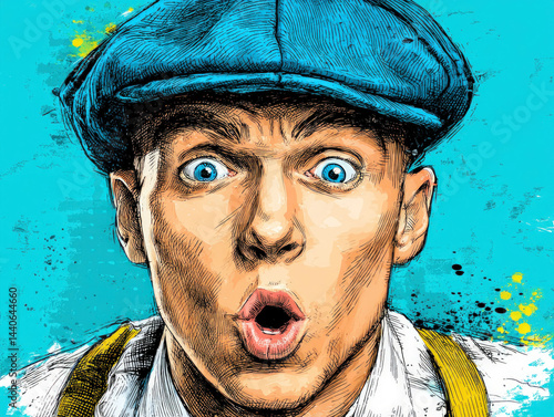 Astonished Man in Newsboy C...