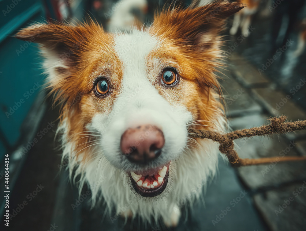 Playful Border Collie with Rope. Cute dog, happy expression.