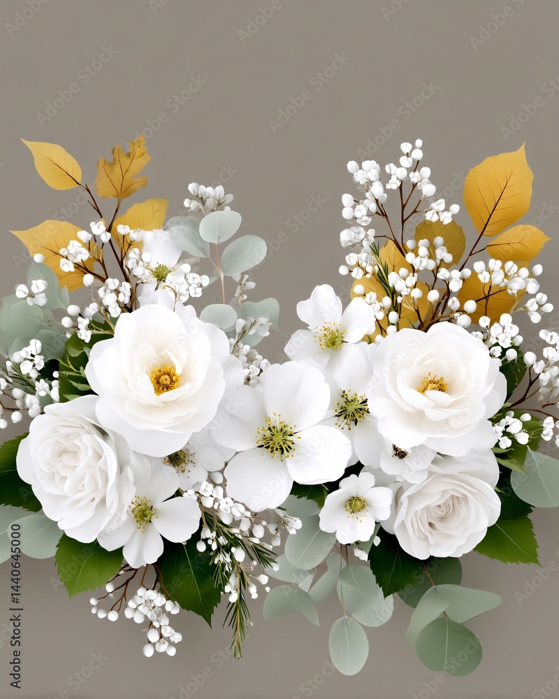 Elegant White Floral Arrangement with Greenery and Yellow Accents on Neutral Background