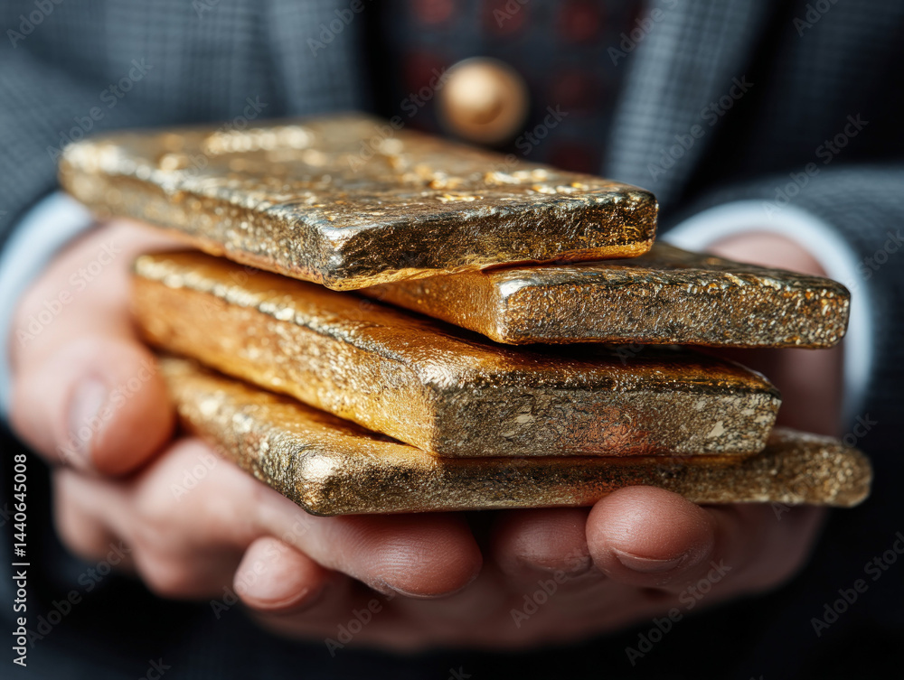 Gold Bars Held Securely. A businessman holds valuable gold bars. Investment and security.