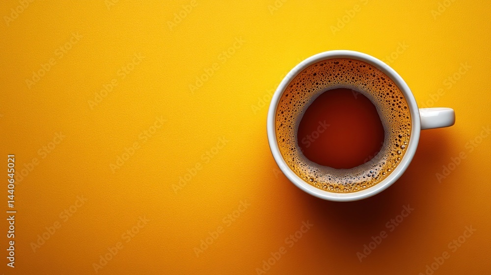 Coffee cup with dark liquid against a solid yellow background top view. Coffee cup with dark liquid against a solid yellow background top view.