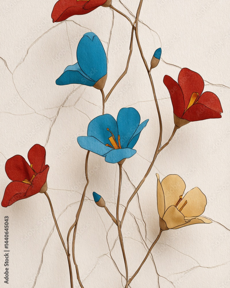 Colorful paper flowers with delicate branches on a light background in artistic style