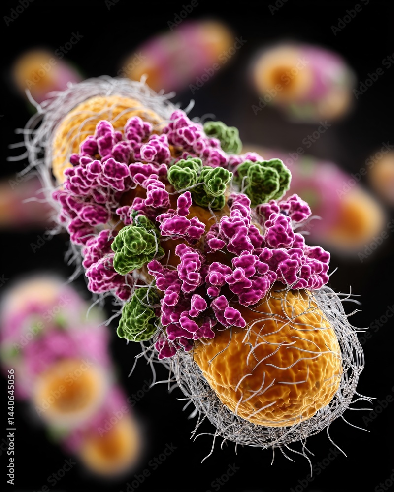 Microscopic View of Colorful Bacterial Structure with Vibrant Purple and Green Features