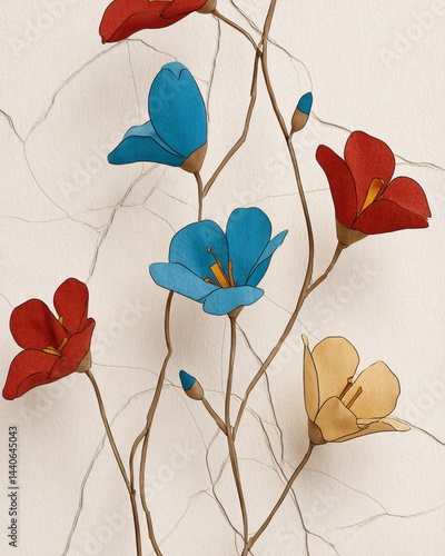 Obraz na płótnie Colorful paper flowers with delicate branches on a light background in artistic style w salonie