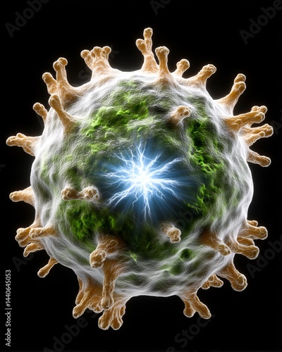 Obraz na płótnie Intricate Close-Up of a Microbial Cell with Electric Surge and Vibrant Green Coloration w salonie