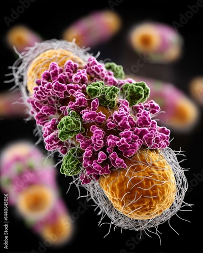 Obraz na płótnie Microscopic View of Colorful Bacterial Structure with Vibrant Purple and Green Features w salonie