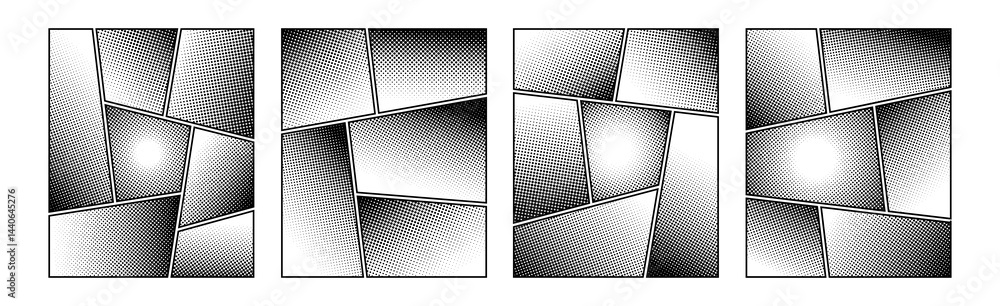 Fototapeta premium Set of white and black halftone comic manga book template screentone page. Pop art halftone frame background with dot effects. Vector cartoon illustration