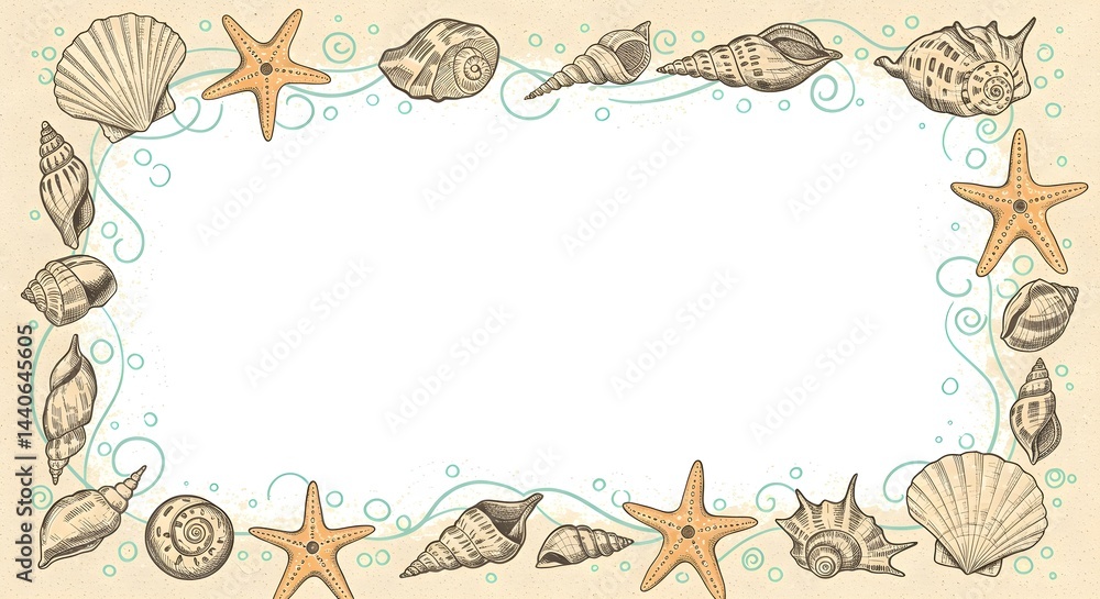 Seashells and starfish border. Perfect for summer designs, beach themes, or ocean-inspired projects. A blank space is in the center for your text.
