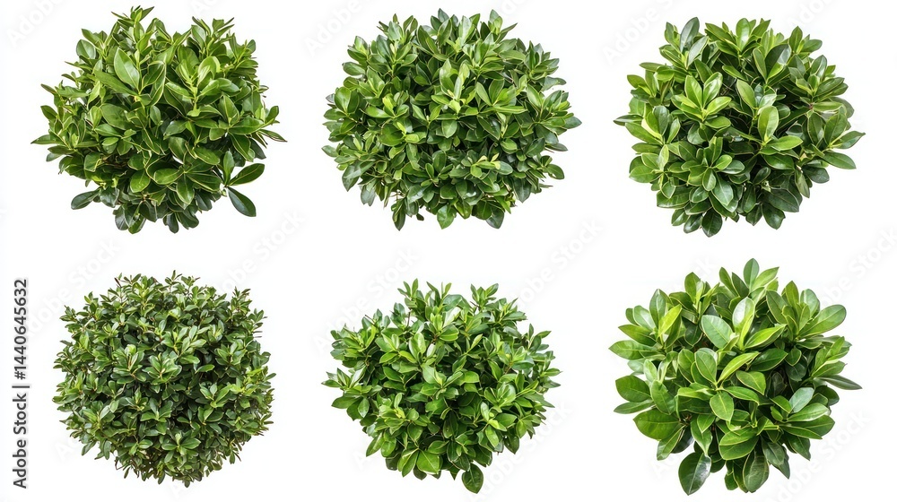 Set of medium-sized, healthy garden bushes with dark, glossy leaves on a white background. Set of medium-sized, healthy garden bushes with dark, glossy leaves on a white background.