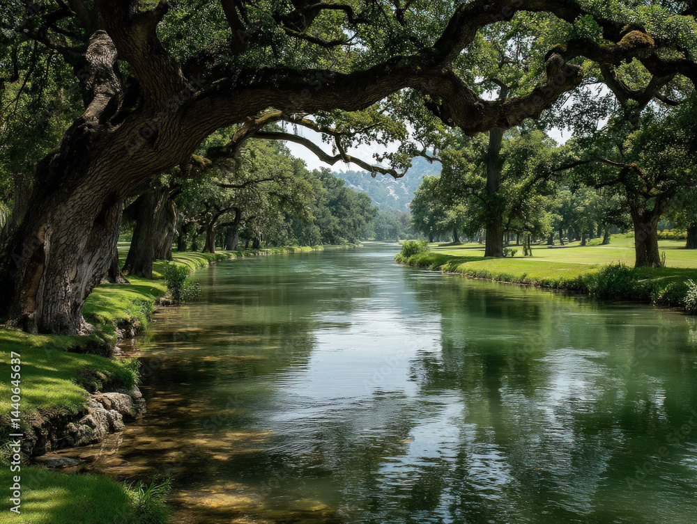 Tranquil River, Lush Trees, Peaceful Scene