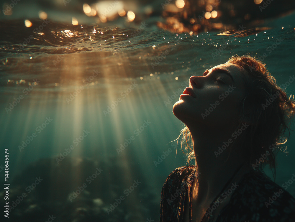 Sunlight's Embrace Underwater. Woman, serenity.