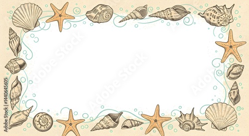 Obraz na płótnie Seashells and starfish border. Perfect for summer designs, beach themes, or ocean-inspired projects. A blank space is in the center for your text. w salonie