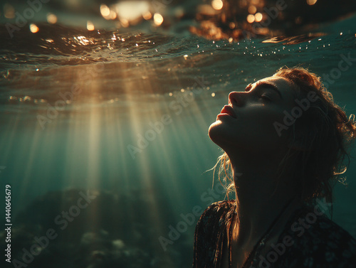 Obraz na płótnie Sunlight's Embrace Underwater. Woman, serenity. w salonie