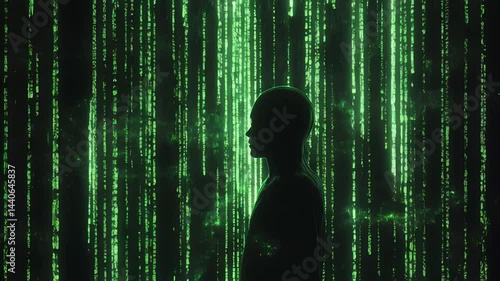Human silhouette observing falling green digital rain code