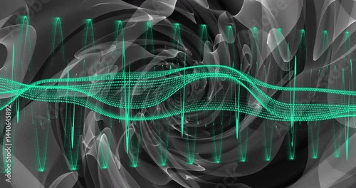 Glowing green waveform pulsing in animated illustration, featuring dotted and solid line layers