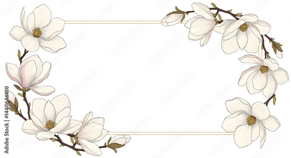 Elegant floral frame with delicate white magnolia blossoms. Perfect for invitations or announcements.