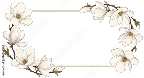 Obraz na płótnie Elegant floral frame with delicate white magnolia blossoms. Perfect for invitations or announcements. w salonie