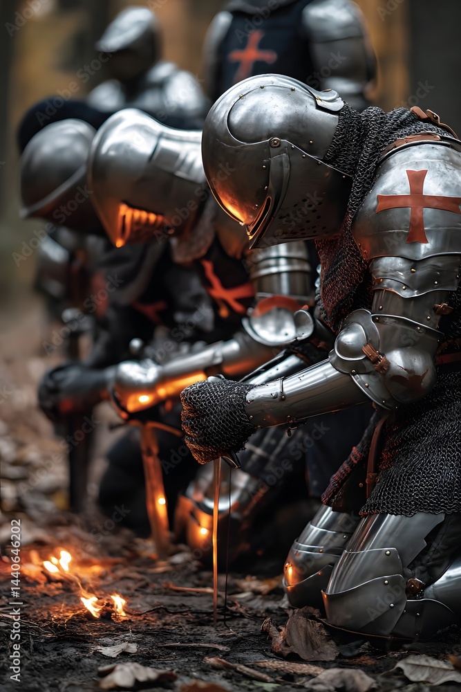 Knights in Armor Gathering Around a Fire in a Forest Setting with Medieval Atmosphere Knights in Armor Gathering Around a Fire in a Forest Setting with Medieval Atmosphere