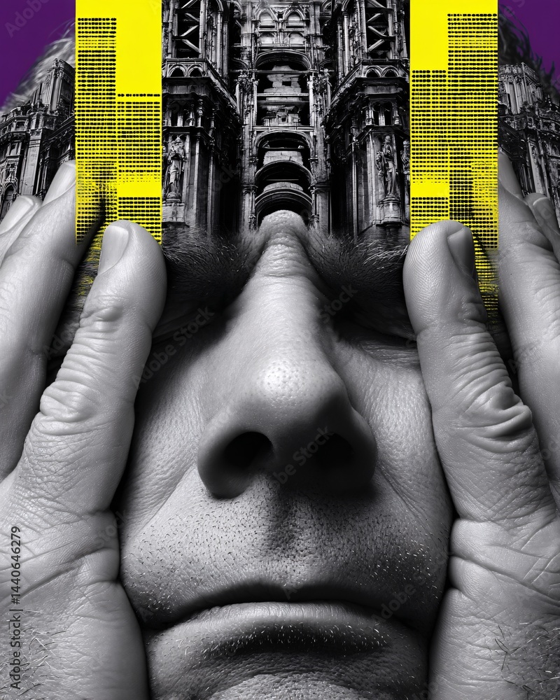 Abstract portrait of a man expressing emotion with architecture elements and vibrant colors