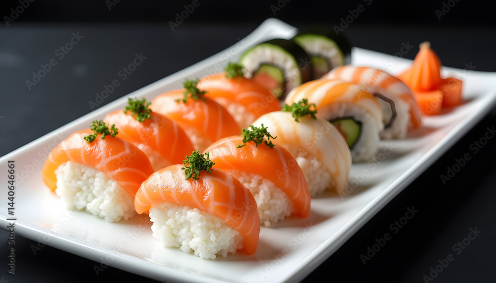 A white plate topped with sushi on top of a black table. A white plate topped with sushi on top of a black table.
