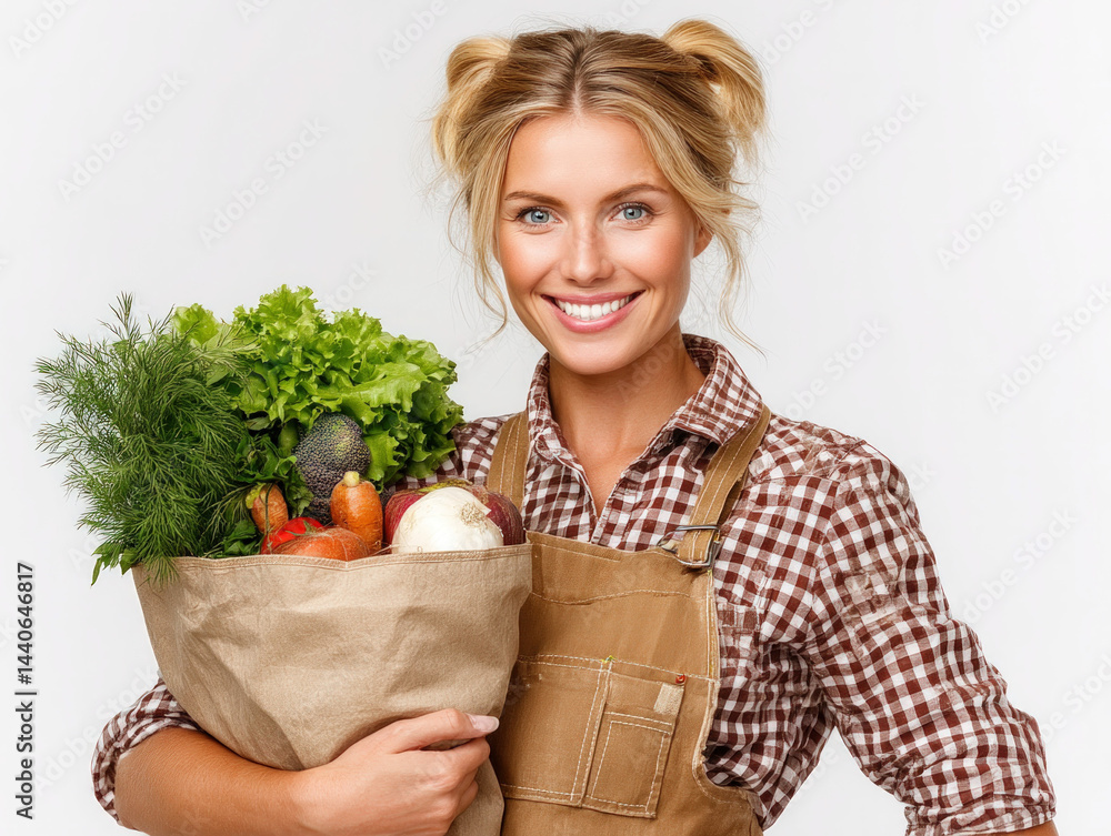 Happy Gardener with Fresh Produce. Woman smiles holding a bag of fresh vegetables.