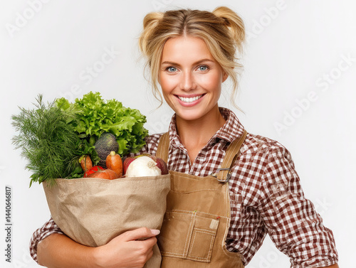 Obraz na płótnie Happy Gardener with Fresh Produce. Woman smiles holding a bag of fresh vegetables. w salonie