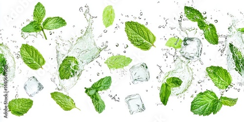 Set of mint leaves with ice cubes in small splashes of water on white background.