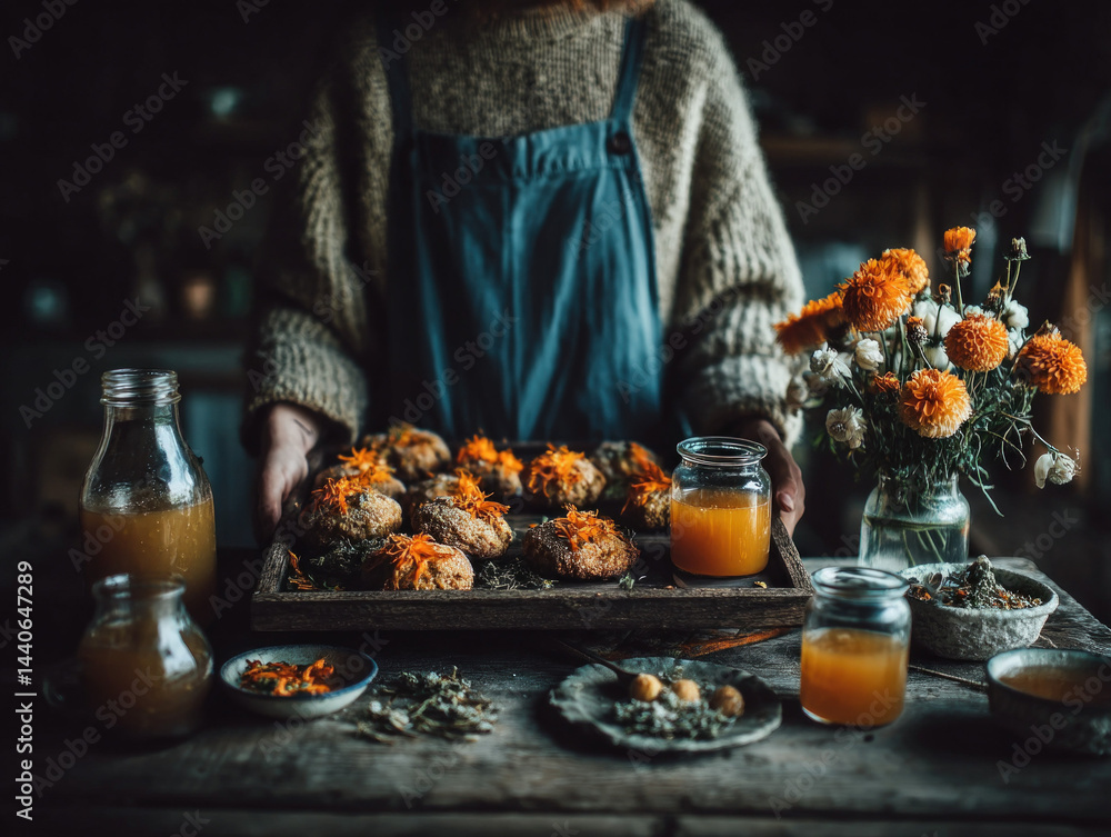 Autumnal Treats & Elixir. Woman serving spiced cookies & herbal drink. Cozy fall vibes.