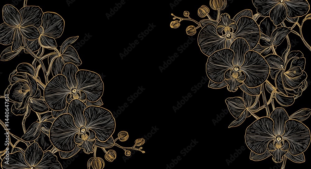 Elegant black and gold orchid illustration. Perfect for invitations, cards, or backgrounds.