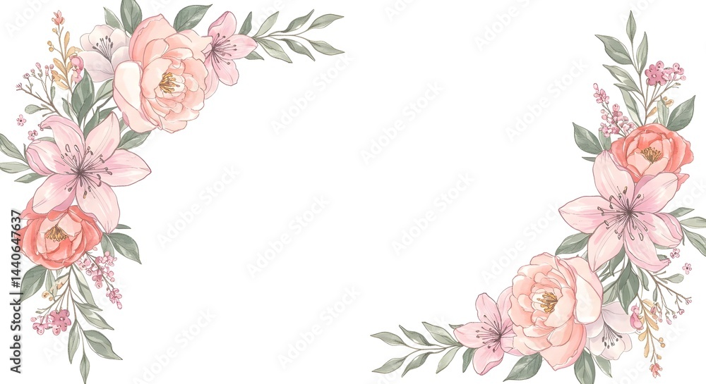 Delicate watercolor floral border in soft pink and peach tones, perfect for invitations or cards. A romantic design.