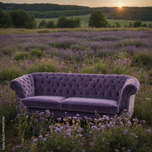 A soft violet sofa in a field of wildflowers.