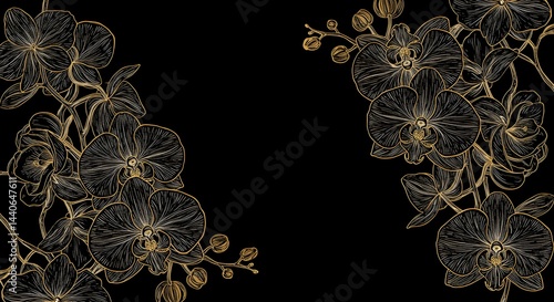 Obraz na płótnie Elegant black and gold orchid illustration. Perfect for invitations, cards, or backgrounds. w salonie