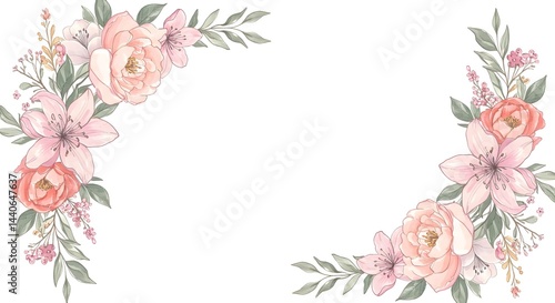 Obraz na płótnie Delicate watercolor floral border in soft pink and peach tones, perfect for invitations or cards. A romantic design. w salonie