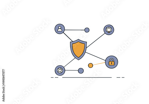 Abstract illustration depicting data security. A shield protects connected nodes representing users, devices, and data. Clean, modern design for digital concepts.