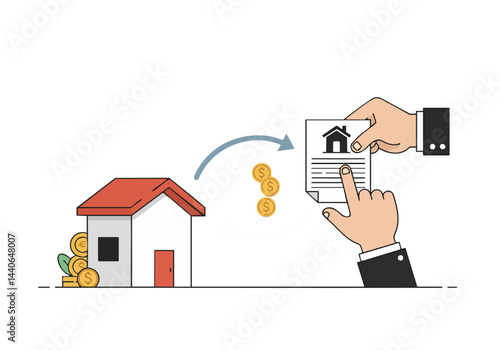 A hand exchanges a house deed with coins, symbolizing property investment or sale. Clean, modern illustration with a focus on financial transactions.