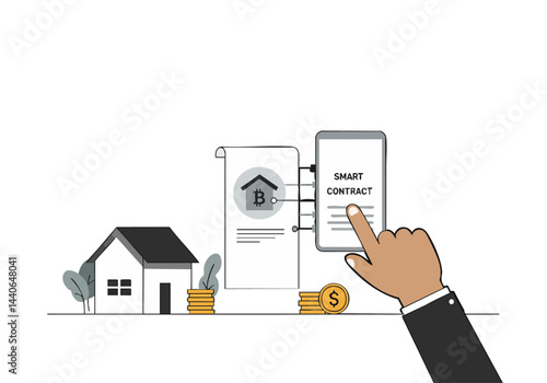 A hand interacts with a smartphone displaying a smart contract, overlaid on a house and Bitcoin graphic. Represents real estate investment via blockchain technology.