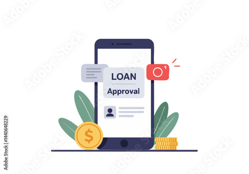 Mobile phone displays loan approval notification. Coins and leaves create a positive, modern financial concept. Ideal for business, fintech, and digital banking visuals.