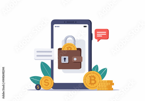 Secure mobile wallet concept. Phone displays a Bitcoin wallet with a lock icon, surrounded by coins. Modern, clean design for finance and crypto themes.