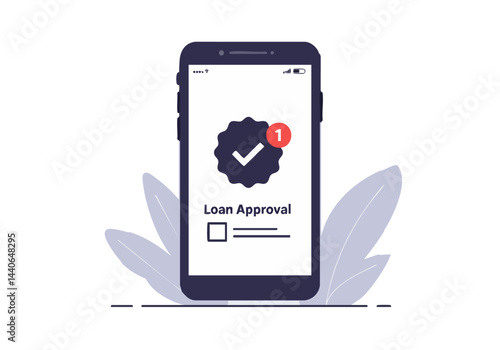A smartphone displays a loan approval notification. Clean, modern design with a checkmark icon. Perfect for finance, technology, and approval concepts.