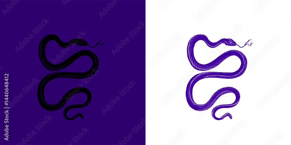 Obraz premium Venomous Snake on purple background. Halloween witchcraft and sorcery things magician and voodoo hand drawn engraved 