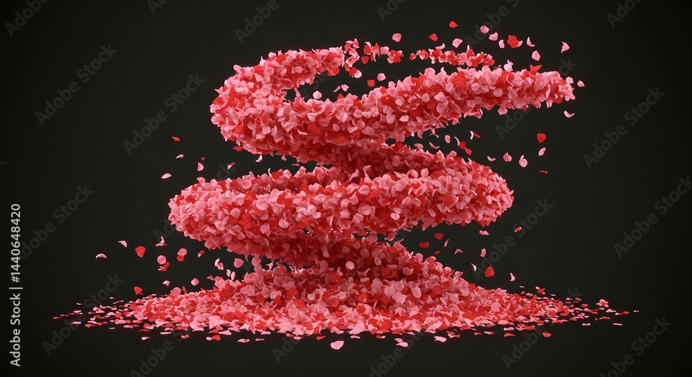 A mesmerizing spiral of pink and red rose petals against a dark background. A beautiful and romantic image.