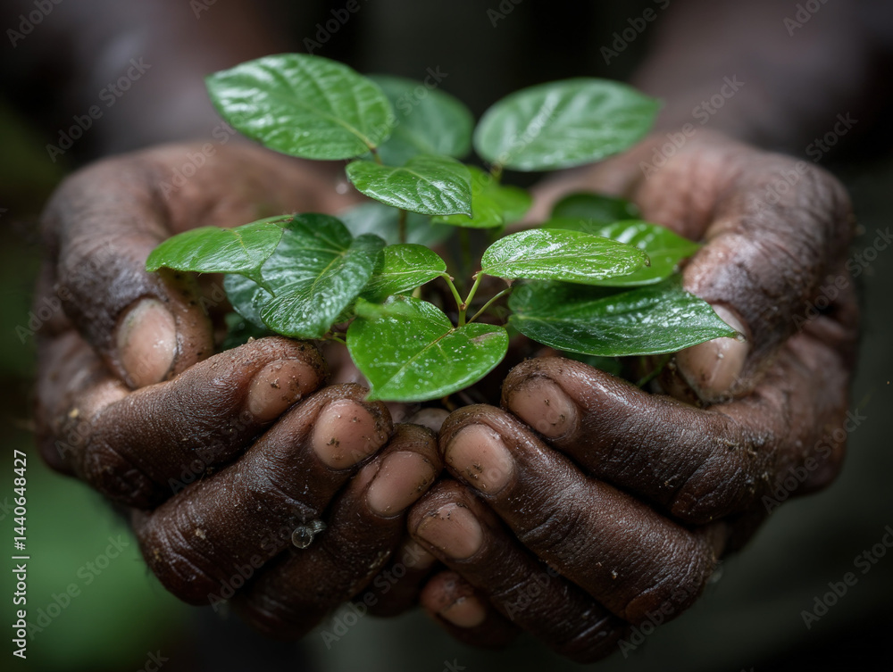 Hands nurturing a seedling. Sustainable farming. Protecting the future.