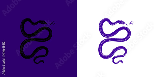 Venomous Snake on purple background. Halloween witchcraft and sorcery things magician and voodoo hand drawn engraved 